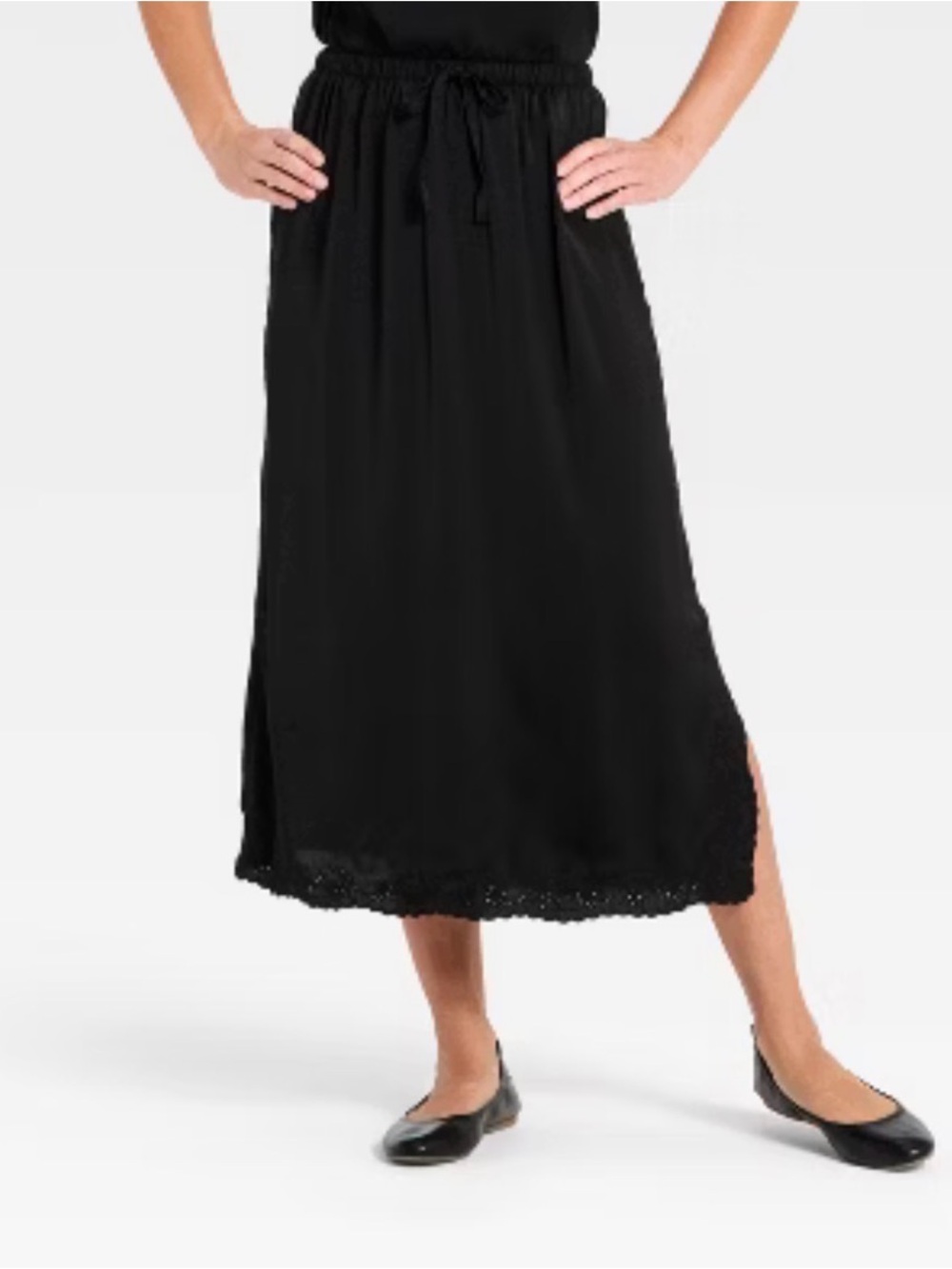 NWT Black Drawstring Midi Skirt with Lace Trim